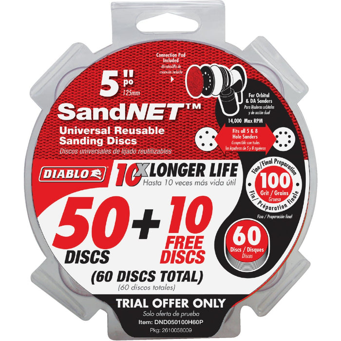 Diablo SandNet 5 In. 100 Grit Reusable Sanding Disc with Connection Pad (50-Pack)