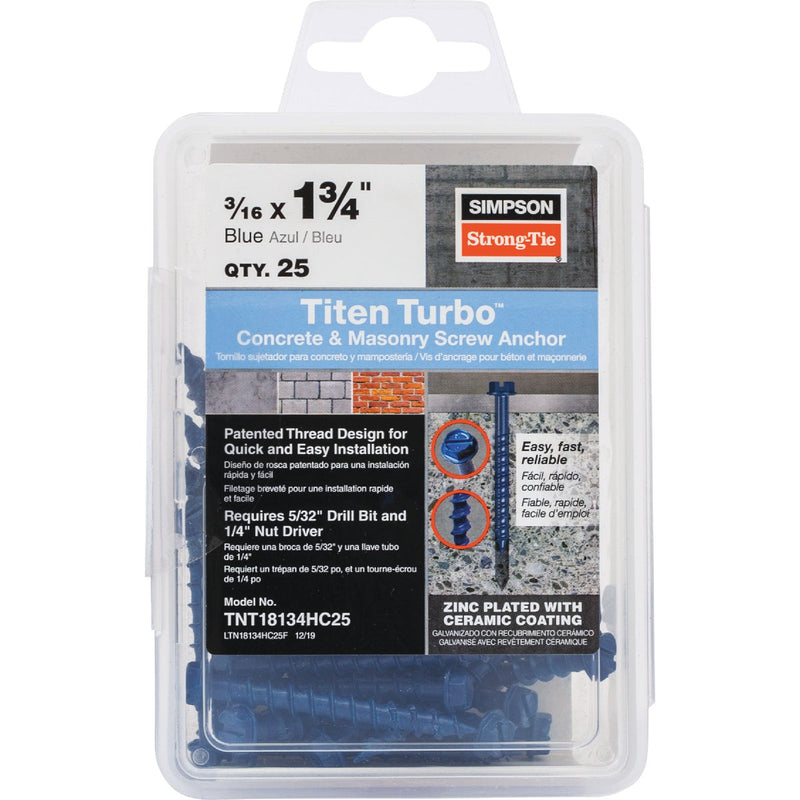 Simpson Strong-Tie Titen Turbo 3/16 in. x 1-3/4 in. Hex-Head Concrete and Masonry Screw, Blue (25-Qty)