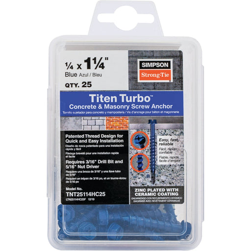 Simpson Strong-Tie Titen Turbo 1/4 in. x 1-1/4 in. Hex-Head Concrete and Masonry Screw, Blue (25-Qty)