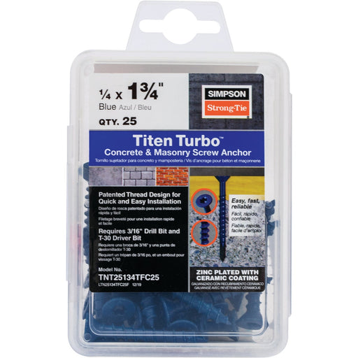 Simpson Strong-Tie Titen Turbo 1/4 in. x 1-3/4 in. 6-Lobe Flat-Head Concrete and Masonry Screw, Blue (25-Qty)