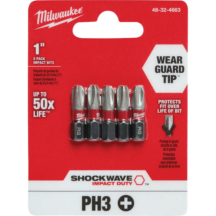 Milwaukee SHOCKWAVE #3 Phillips 1 In. Insert Impact Screwdriver Bit (5-Pack)