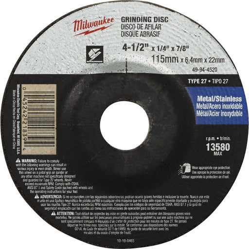 Milwaukee Type 27 4-1/2 In. x 1/4 In. x 7/8 In. Metal/Stainless Grinding Cut-Off Wheel