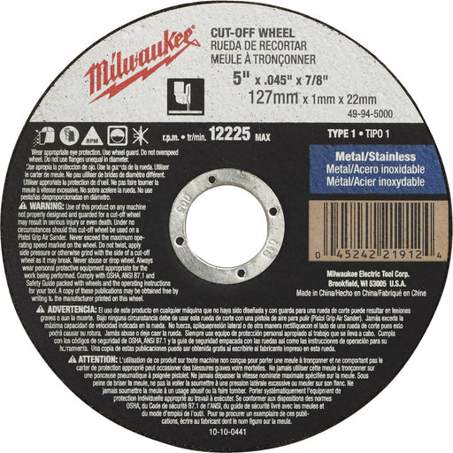 Milwaukee Type 1 5 In. x 0.045 In. x 7/8 In. Metal/Stainless Cut-Off Wheel