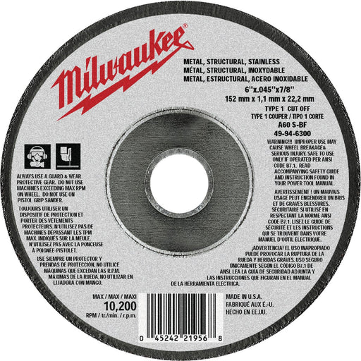 Milwaukee Type 1 6 In. x 0.045 In. x 7/8 In. Metal/Stainless Cut-Off Wheel