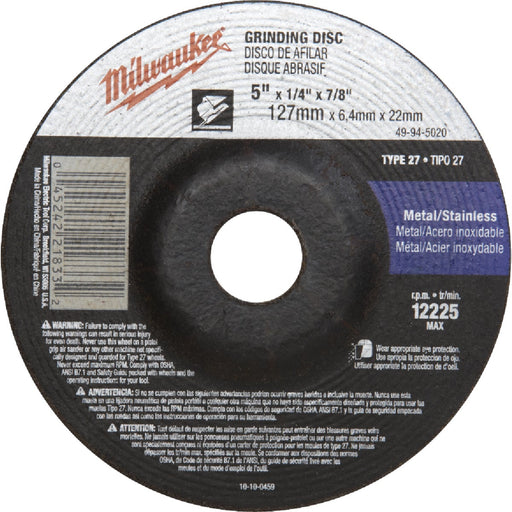 Milwaukee Type 27 5 In. x 1/4 In. x 7/8 In. Metal/Stainless Grinding Cut-Off Wheel