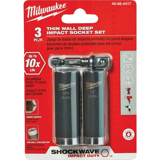 Milwaukee SHOCKWAVE Standard 3/8 In. Adapter, 1/2 In. & 9/16 In. Drive 6-Point Thin Wall Deep Impact Driver Set (3-Piece)