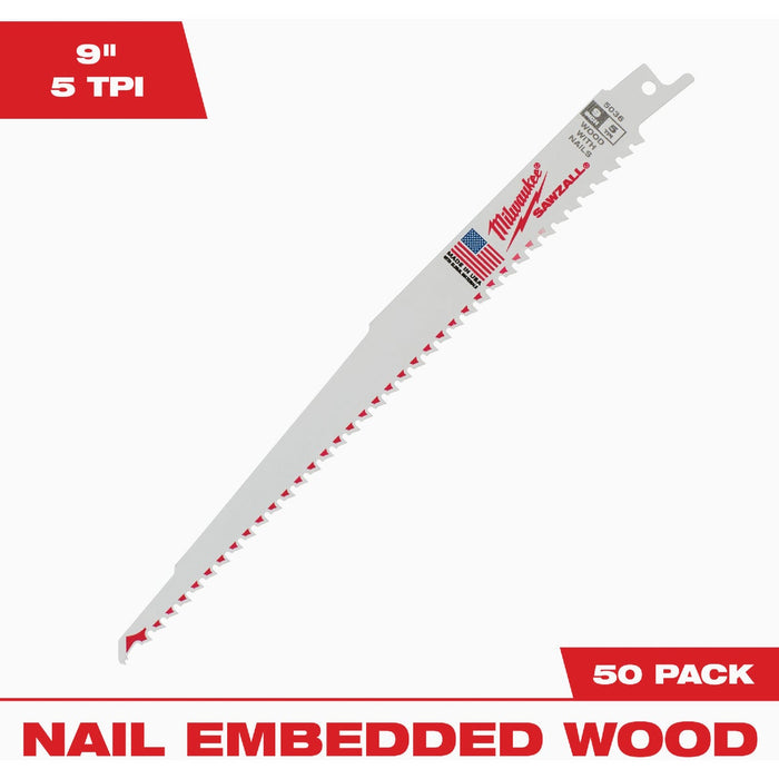 Milwaukee SAWZALL 9 In. 5 TPI Wood Reciprocating Saw Blade (50-Pack)