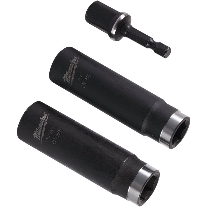 Milwaukee SHOCKWAVE Standard 1/2 In. Adapter, 1/2 In. & 9/16 In. Drive 6-Point Thin Wall Deep Impact Driver Set (3-Piece)