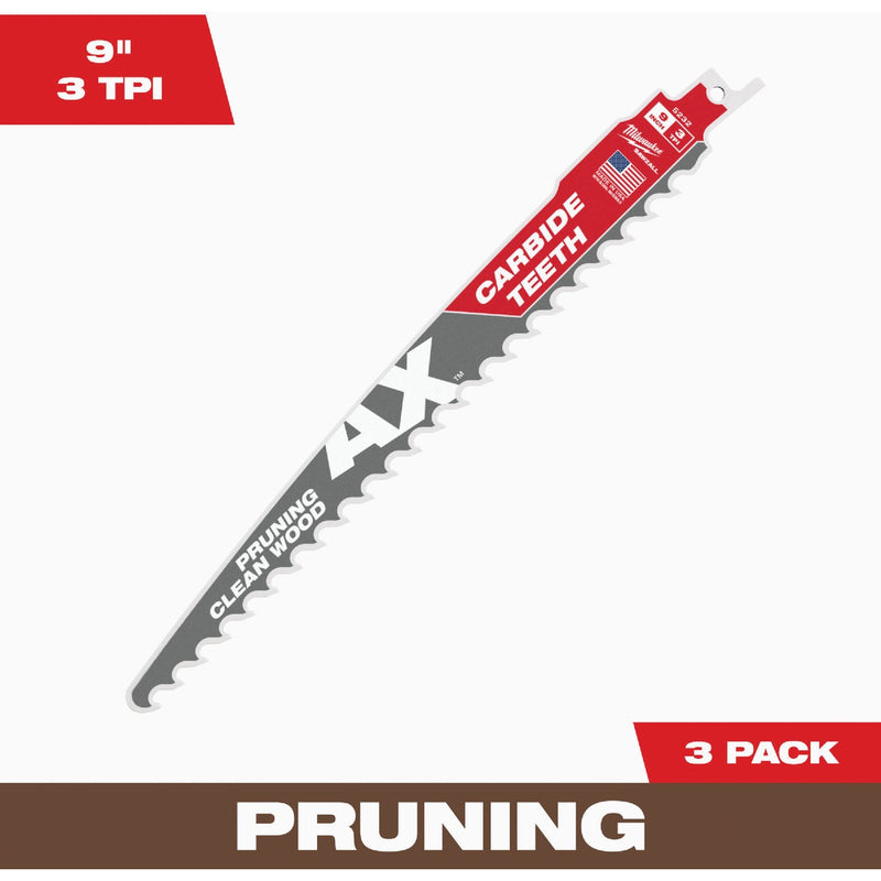 Milwaukee SAWZALL AX 9 In. 3 TPI Carbide Pruning Reciprocating Saw Blade (3-Pack)