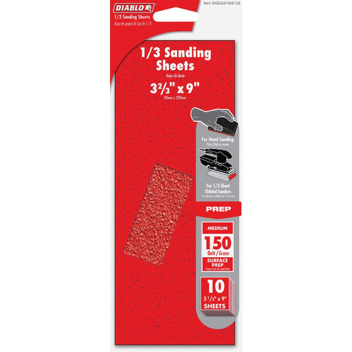 Diablo 9 In. x 3-2/3 In. 150 Grit Fine 1/3 Sheet Sandpaper (10-Pack)