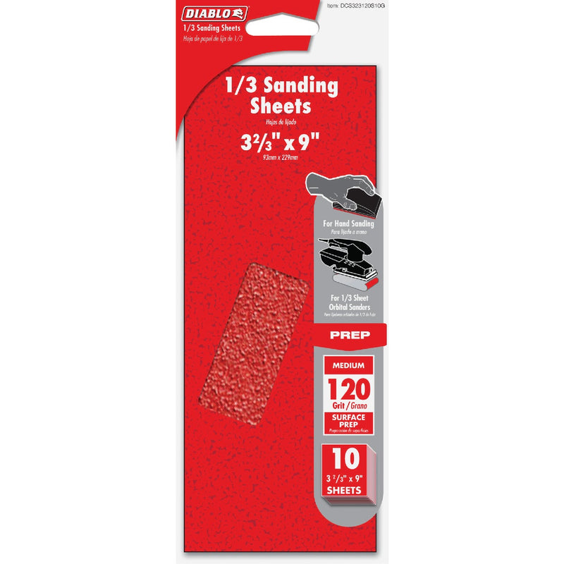 Diablo 9 In. x 3-2/3 In. 120 Grit Medium 1/3 Sheet Sandpaper (10-Pack)