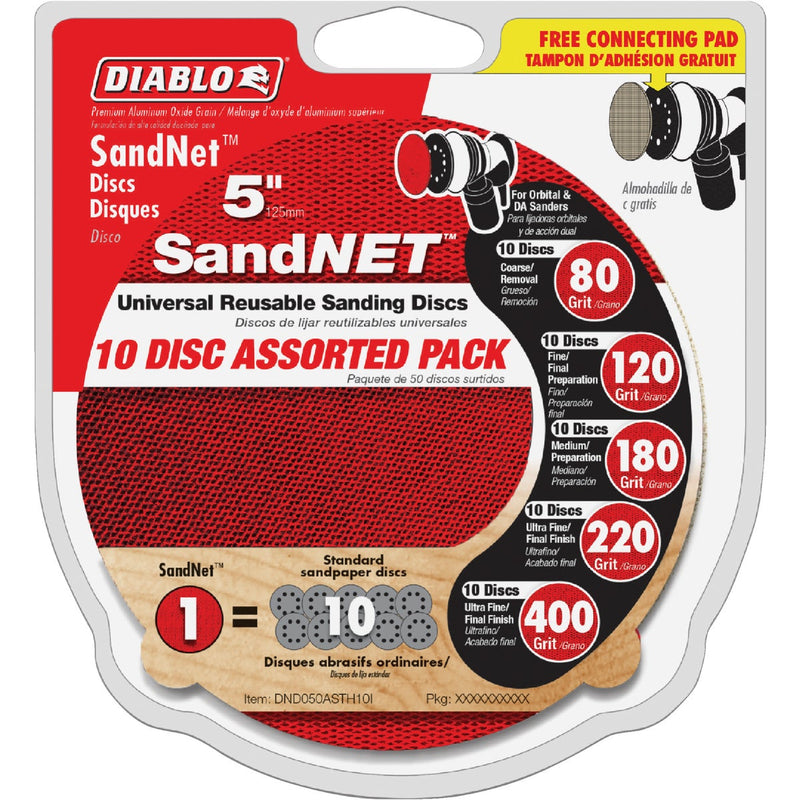 Diablo SandNet 5 In. Assorted Grit 80/120/180/220/400 Sanding Disc with Connection Pad (10-Pack)