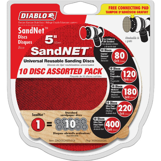 Diablo SandNet 5 In. Assorted Grit 80/120/180/220/400 Sanding Disc with Connection Pad (10-Pack)