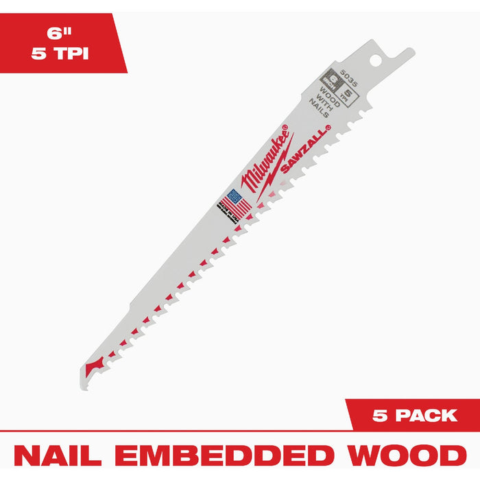 Milwaukee SAWZALL 6 In. 5 TPI Wood Reciprocating Saw Blade (5-Pack)