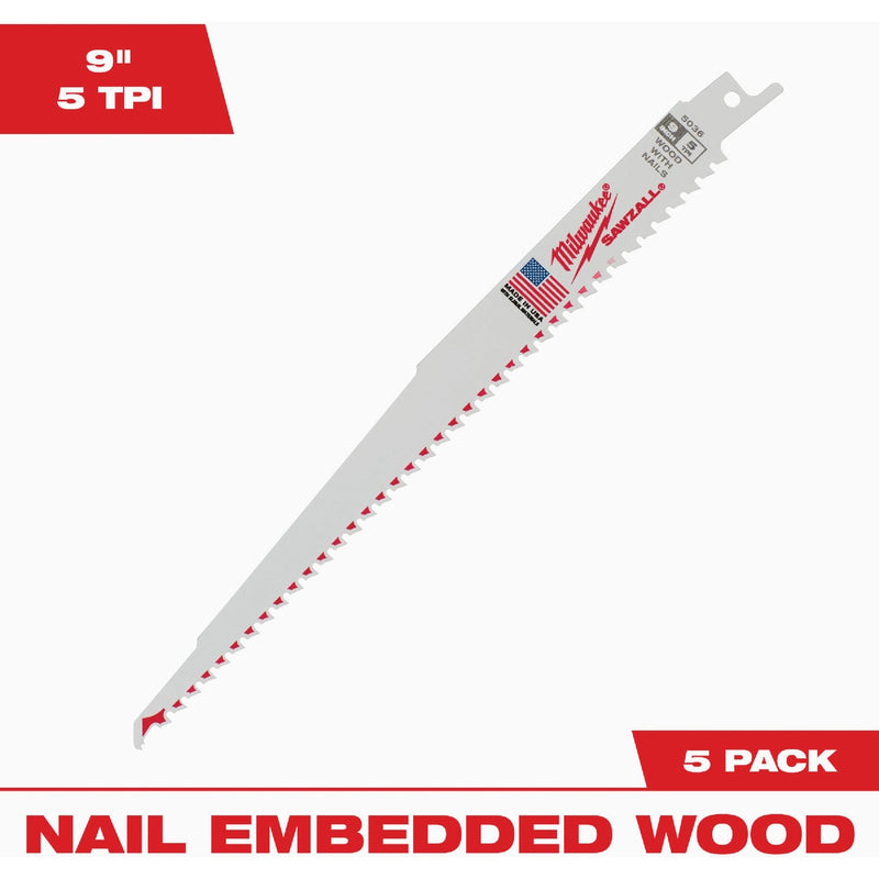 Milwaukee SAWZALL 9 In. 5 TPI Wood Reciprocating Saw Blade (5-Pack)