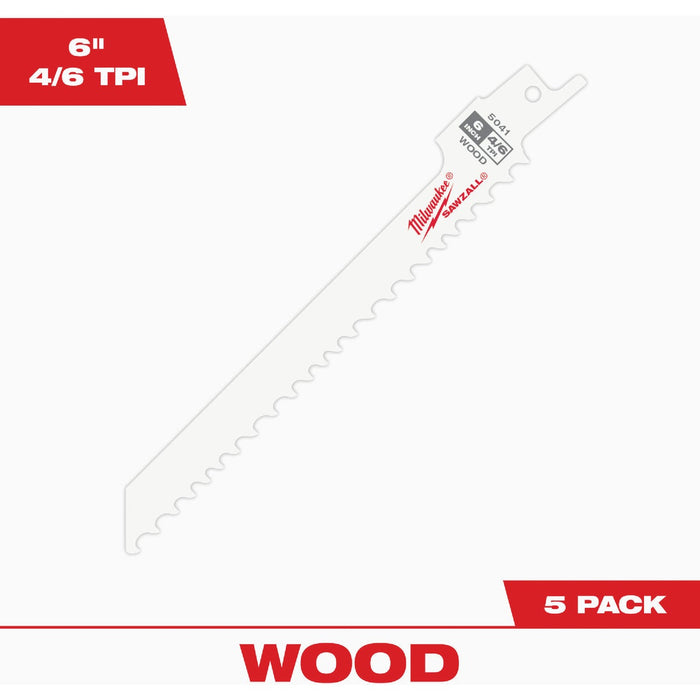Milwaukee SAWZALL 6 In. 4/6 TPI Wood Scrolling Reciprocating Saw Blade (5-Pack)