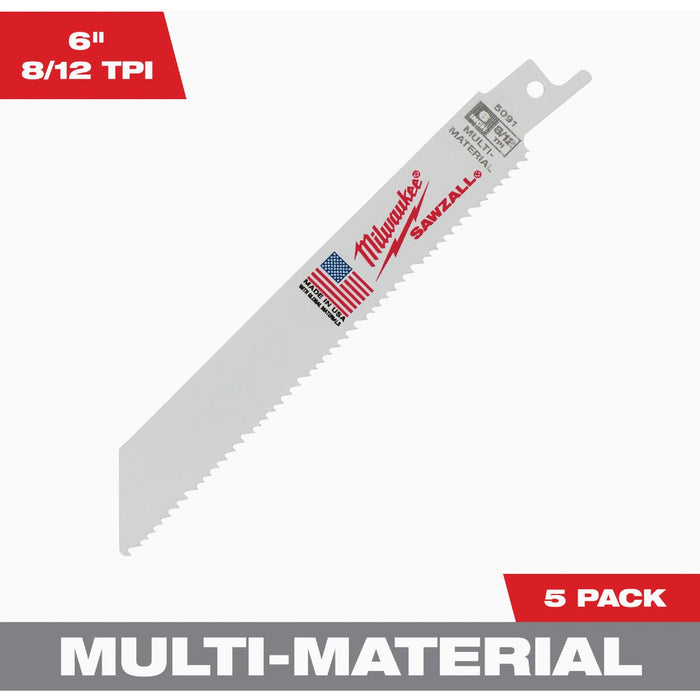 Milwaukee SAWZALL 6 In. 8/12 TPI Multi-Material Reciprocating Saw Blade (5-Pack)
