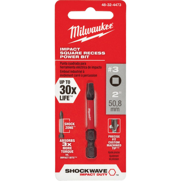 Milwaukee SHOCKWAVE #3 Square Recess 2 In. Power Impact Screwdriver Bit