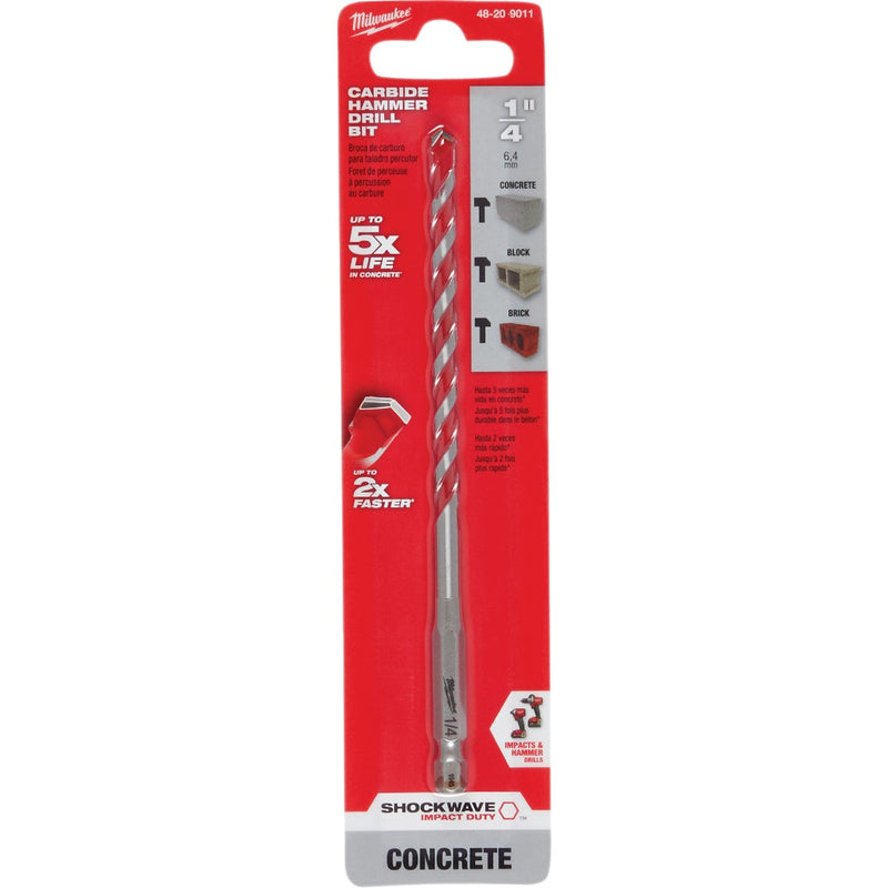 Milwaukee SHOCKWAVE 1/4 In. x 6 In. Impact Duty Masonry Carbide Hammer Drill Bit