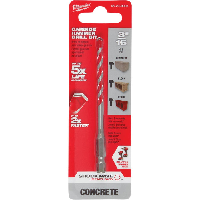 Milwaukee SHOCKWAVE 3/16 In. x 4 In. Impact Duty Masonry Carbide Hammer Drill Bit