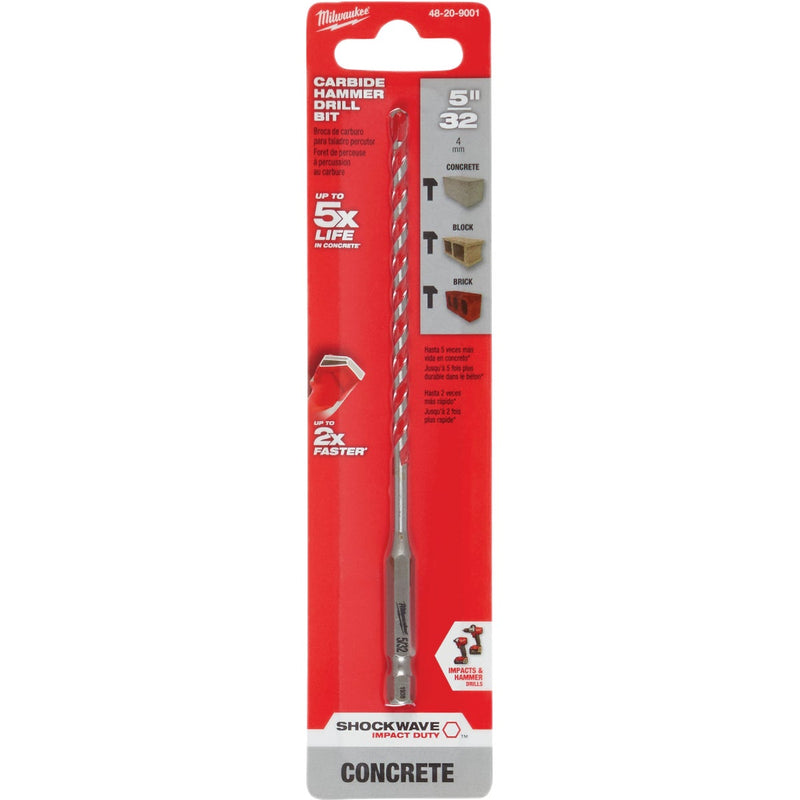 Milwaukee SHOCKWAVE 5/32 In. x 6 In. Impact Duty Masonry Carbide Hammer Drill Bit