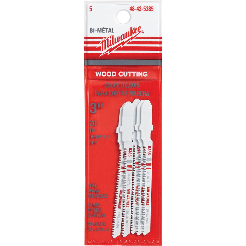 Milwaukee T-Shank 3 In. x 20 TPI Bi-Metal Jig Saw Blade, Wood Cutting (5-Pack)