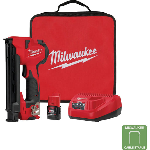 Milwaukee M12 1 In. Cordless Cable Stapler Kit with 2.0 Ah Battery & Charger