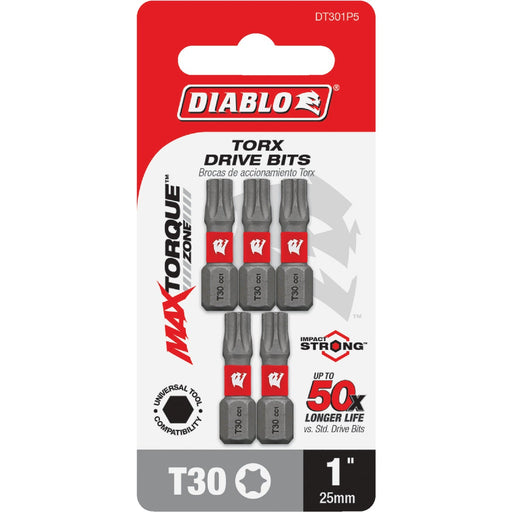 Diablo T30 TORX 1 In. Insert Impact Screwdriver Bit (5-Pack)