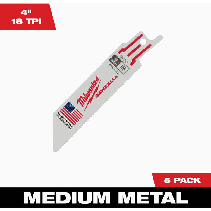 Milwaukee SAWZALL 4 In. 18 TPI Metal Reciprocating Saw Blade (5-Pack)