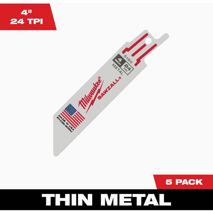 Milwaukee SAWZALL 4 In. 24 TPI Metal Reciprocating Saw Blade (5-Pack)