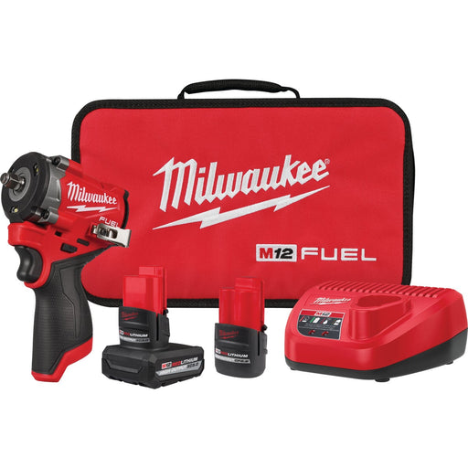 Milwaukee M12 FUEL Brushless 3/8 In. Stubby Cordless Impact Wrench Kit with 5.0 Ah & 2.5 Ah Batteries & Charger