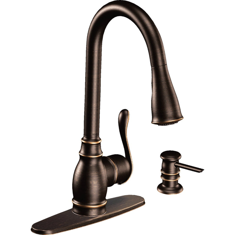 Moen Anabelle 1-Handle Lever Pull-Down Kitchen Faucet with Soap Dispenser, Mediterranean Bronze