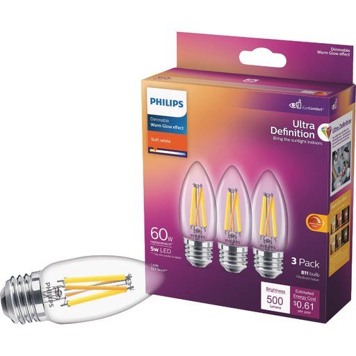 Philips Ultra Definition 60W Equivalent Soft White B11 Medium LED Decorative Light Bulb (3-Pack)