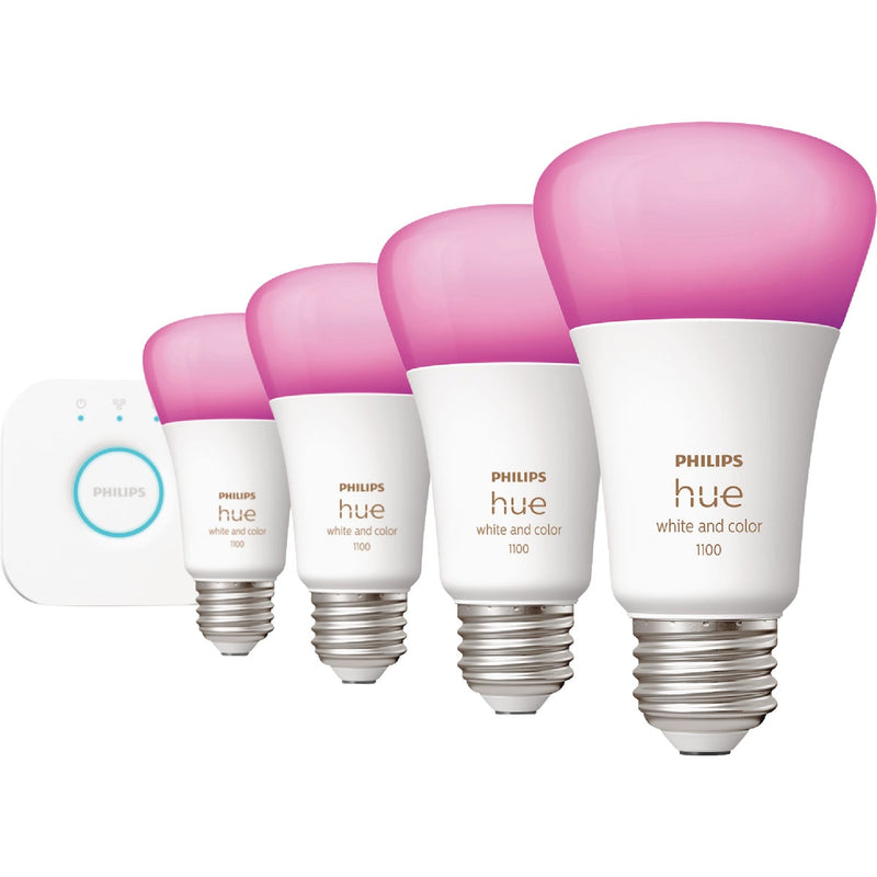 Philips Hue 4-Bulb 75W Equivalent Warm White & Color Ambiance A19 Medium Dimmable LED Light Bulb Starter Kit