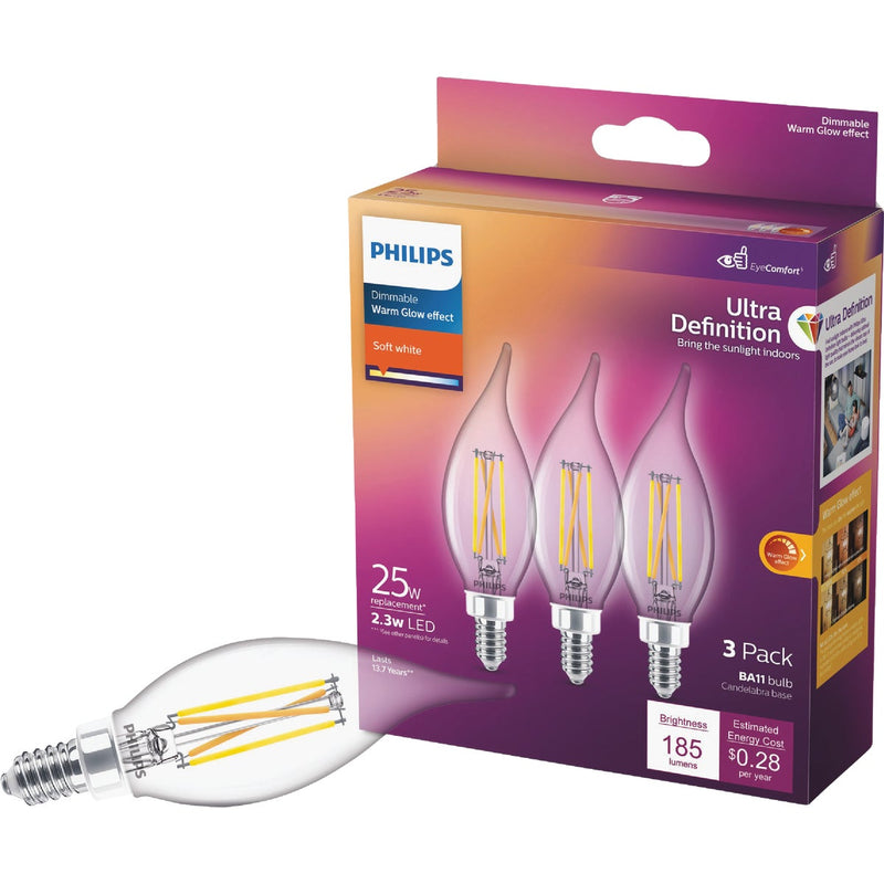 Philips Ultra Definition 25W Equivalent Soft White BA11 Candelabra LED Decorative Light Bulb (3-Pack)